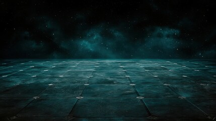A dark blue, empty platform in space.