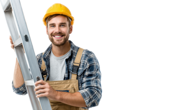 Smiling man with construction tools, wearing a hard hat and plaid shirt, isolated on a white background.