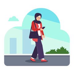 Beautiful female student wearing hijab walking carrying a sling bag and using a smartphone, woman in walking in the city.
