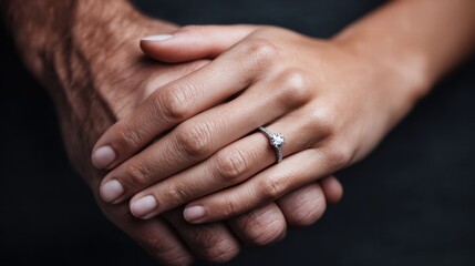 Fototapeta premium A beautiful engagement ring sparkles on a woman's hand as she holds hands with her partner.