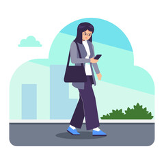 Beautiful female citizen walking carrying a sling bag and using a smartphone, woman in walking in the city.