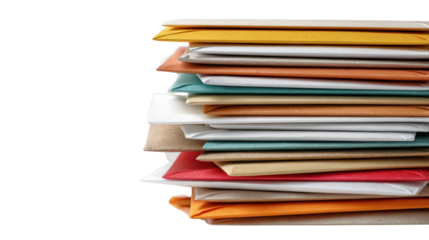 Stack of colorful envelopes on a white isolated background, perfect for creative projects or advertising.