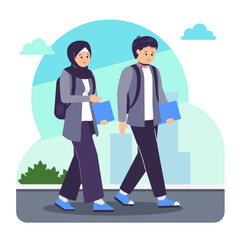student couple talking while walking outdoors, socialization concept
