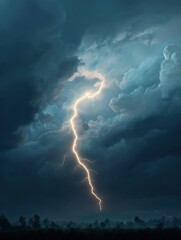 Obraz premium dramatic bright yellow lightning bolt illuminates dark stormy sky with dramatic clouds and a silhouette of trees below