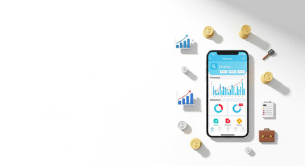 Mobile finance and business concept with smartphone and clean white background, leaving wide copy space