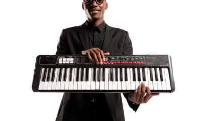 Stylish musician holding a keyboard, ready to play, with a confident pose and a bright smile, white isolate background.