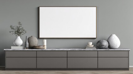 Minimalist Modern Gray Sideboard with Decorative Vases and White Frame Wall Art in Contemporary Interior