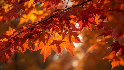Autumn red and orange maple leaves backlit by sunlight on a tree branch