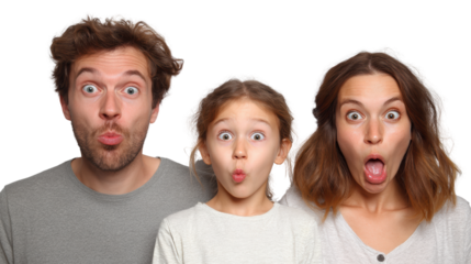 Surprised family with exaggerated facial expressions, isolated on white background.