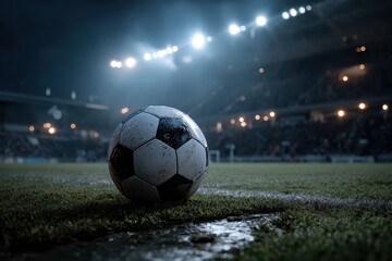 Naklejka premium Soccer ball resting on the field illuminated by bright lights during an evening match at a stadium