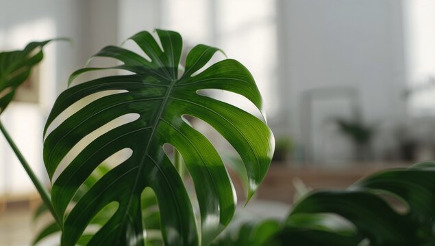 Close up of a split green monstera leaf illuminated by sunlight