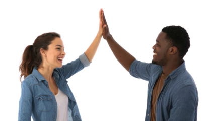 Two friends giving high five, celebrating a moment of joy and connection, isolated on white background.