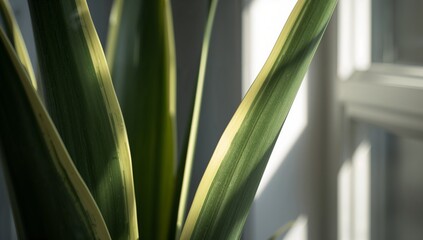 Obraz premium Close up of striped snake plant leaves illuminated by natural sunlight indoors