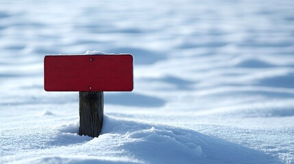 Snow-covered landscape features a single red wooden signpost with a blank surface during winter morning