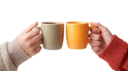 Two hands holding colorful coffee cups, symbolizing friendship and connection, white isolate background.