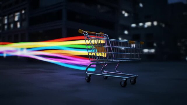 Empty Shopping Cart Moving Through Night Urban Environment with Light Trails