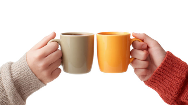 Two hands holding colorful coffee cups, symbolizing friendship and connection, white isolate background. - Powered by Adobe