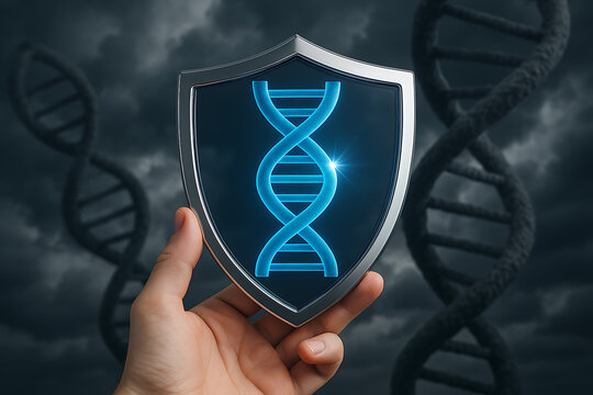Genetic dna protection, a hand holds a metal shield with a glowing blue dna helix, representing genetic security and biological defense against threats - Powered by Adobe