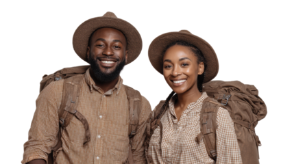 Two travelers smiling, dressed in adventure attire, ready for exploration, white isolate background.