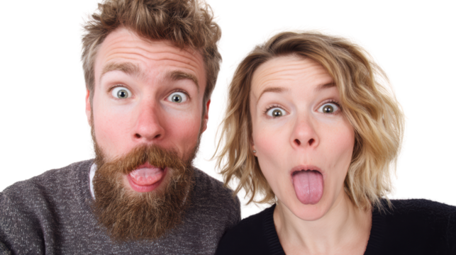 Two people making funny faces, white isolate background.