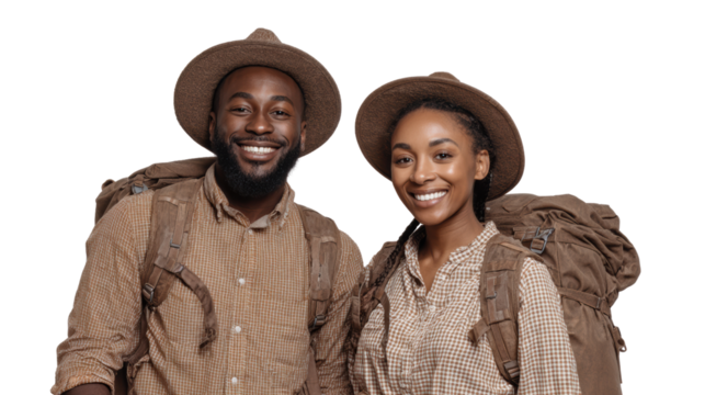 Two travelers smiling, dressed in adventure attire, ready for exploration, white isolate background.