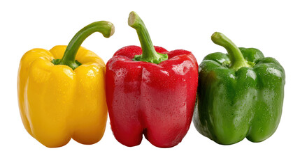 Vibrant yellow, red, and green bell peppers on a white isolated background.