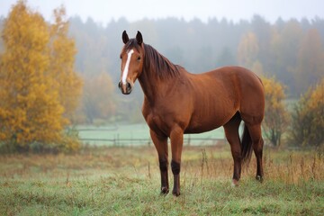 Beautiful thoroughbred horse mare grazing in a lush pasture during a misty autumn morning with colorful foliage in the background