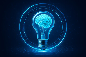 AI generated glowing lightbulb with human brain inside surrounded by blue energy rings symbolizing knowledge creativity technology and innovation in a futuristic digital concept
