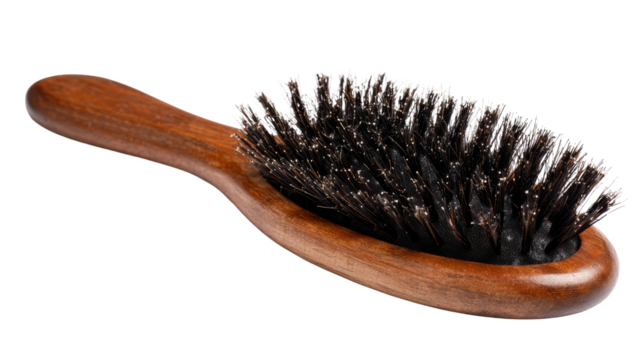 Wooden hairbrush with bristles, isolated on a white background.
