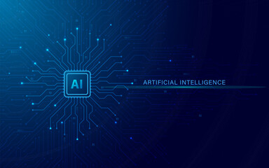 AI chip background with circuit on technology dark blue background. Circuit board, AI semiconductor and computer processor. Artificial intelligence learning and generate. Abstract vector illustration