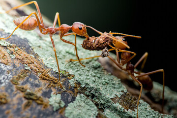 Weaver ants carrying food on tree branch in rainforest