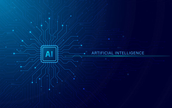 AI chip background with circuit on technology dark blue background. Circuit board, AI semiconductor and computer processor. Artificial intelligence learning and generate. Abstract vector illustration