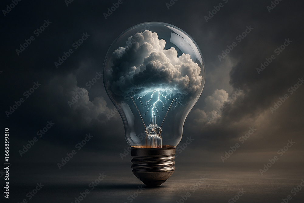 Poster ai generated surreal image of a clear glass light bulb containing dense clouds with glowing lightnin