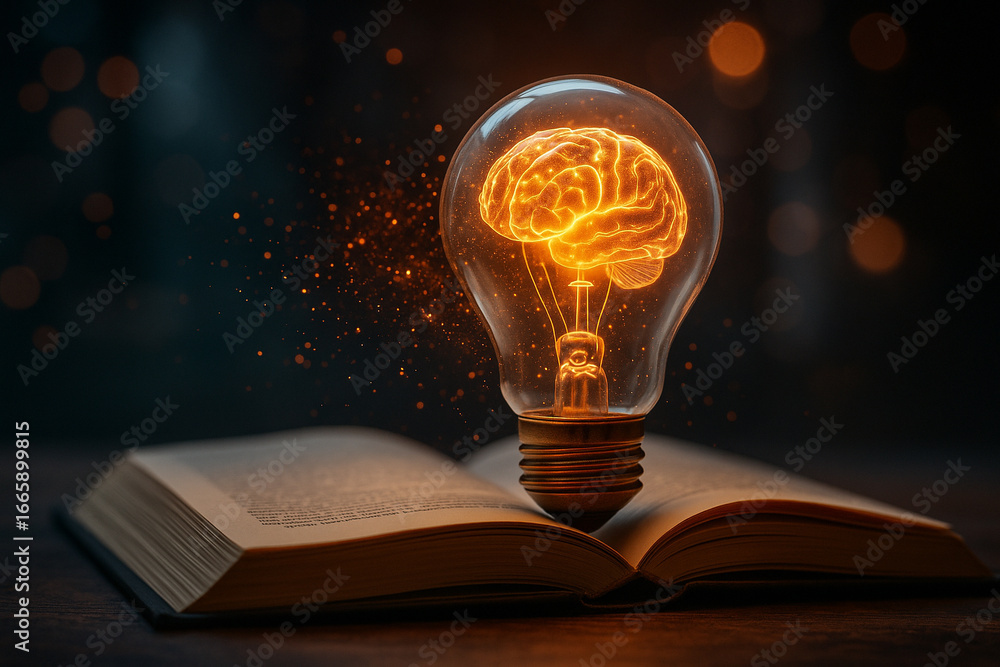 Aufkleber ai generated surreal image of glowing brain inside a lightbulb resting on an open book with sparks o