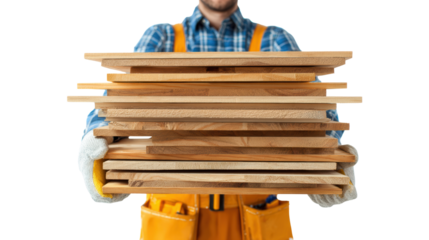 Worker holding wooden planks, white isolate background