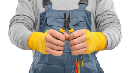 Worker holding cutting pliers and wires, isolated on white background.