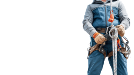 Worker in safety gear holding ropes, ready for climbing or maintenance, isolated on white background.