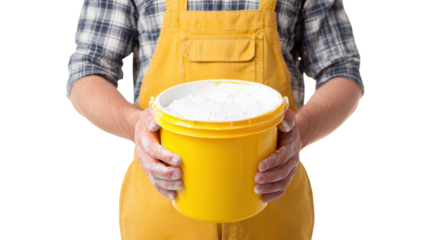 Worker holding yellow bucket with white powder, isolated on white background.