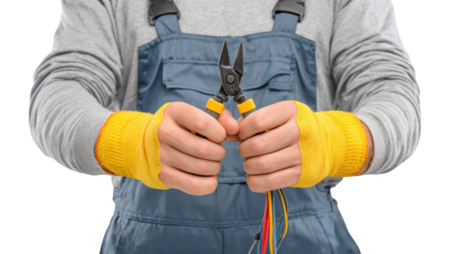Worker holding cutting pliers and wires, isolated on white background.