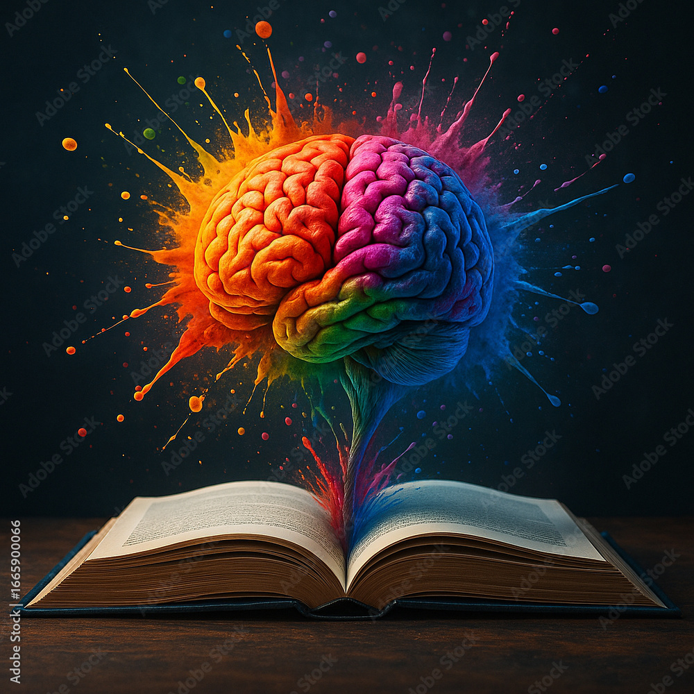 Poster ai generated surreal artwork showing a rainbow brain rising from an open book with vibrant color exp