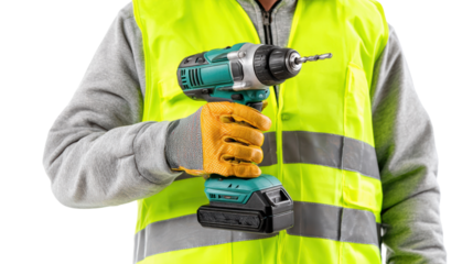 Worker in safety vest holding a cordless drill against a white background.