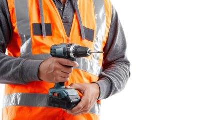 Worker in safety vest holding power drill, isolated on white background.