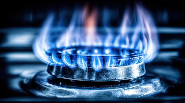 Vibrant blue gas flame burning on a stove burner in a close-up, perfect for energy concepts.