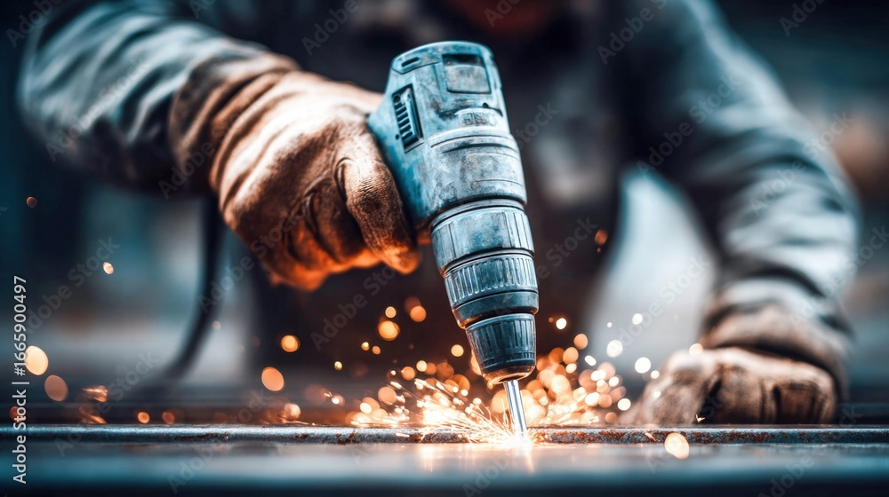 Aufkleber Close-up of a worker using a drill, creating sparks in a metalworking process.