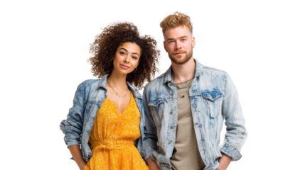 Young couple smiling, dressed in casual outfits, isolated on white background.
