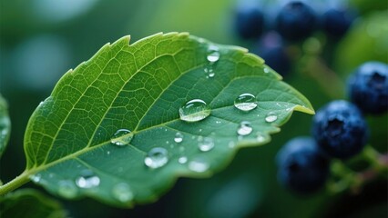 Fresh Green Leaf with Dew Drops and Berries in the Background