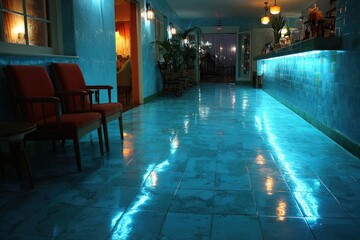 Teal-tiled floor gleams under warm lights in a retro-styled lounge area