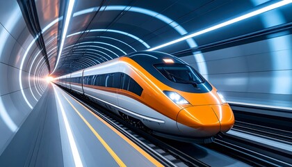 Fototapeta premium High-speed passenger train blurs on city tracks, a fast-moving vehicle of modern public transportation
