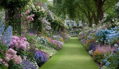 Obraz premium Lush garden pathway lined with vibrant flowers