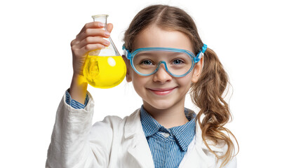 Young girl in glasses holding a flask with yellow liquid, excited about science experiment, white isolated background